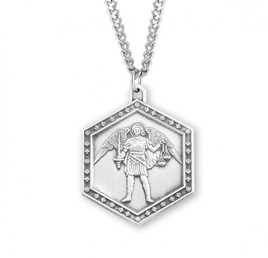 St. Michael the Archangel, Sterling Silver Hexagon Medal - S1627