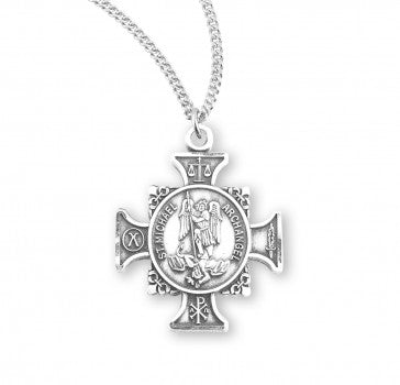 St. Michael the Archangel Sterling Silver Cross Medal with Rhodium Chain