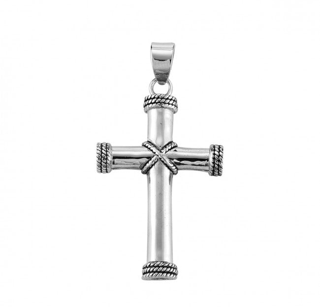 Sterling Silver Tube 1-5/8" Cross with Rope Detailing