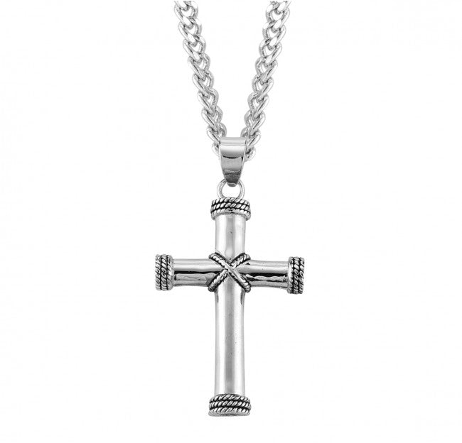 Sterling Silver Tube 1-5/8" Cross with Rope Detailing