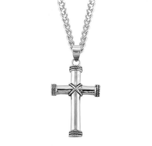 Sterling Silver Tube 1-5/8" Cross with Rope Detailing