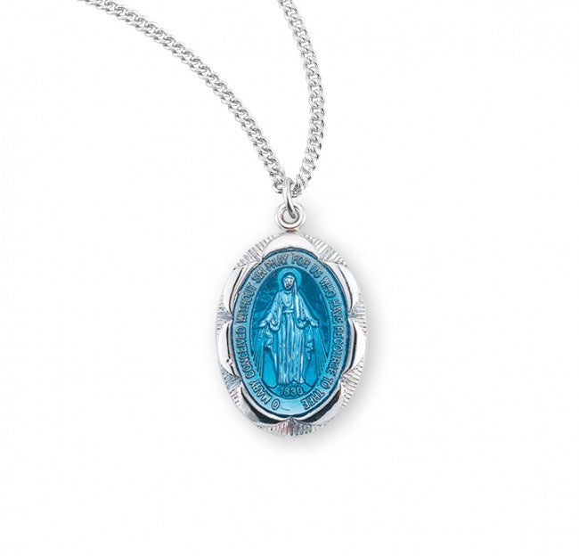 Sterling Silver Oval Blue Enameled Fancy Edge Miraculous Medal