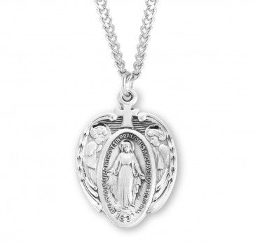 Sterling Silver Miraculous Medal Surrounded By Angels - Necklace with 24" Rhodium Chain