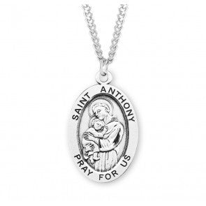 St. Anthony Sterling Silver Oval Medal On 24in Stainless Steel Chain