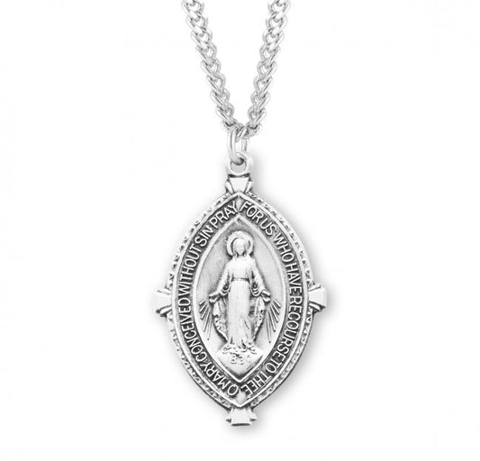 Sterling Silver Double Pointed Oval Miraculous Medal Necklace