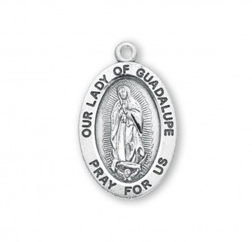 Our Lady of Guadalupe, Sterling Silver oval Medal on 18" Stainless Steel Chain
