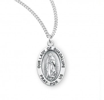 Our Lady of Guadalupe, Sterling Silver oval Medal on 18" Stainless Steel Chain
