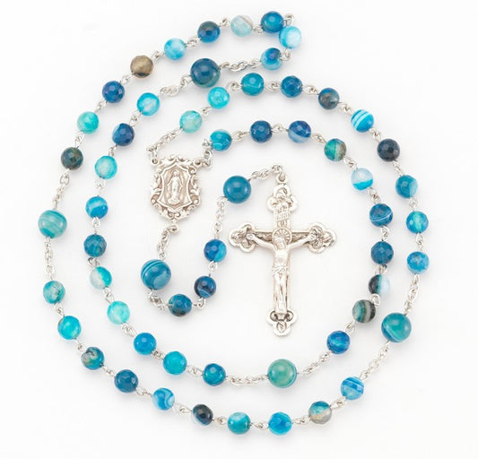 Blue Agate Round Bead Rosary - Sterling Silver Medals