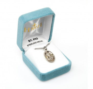 St. Padre Pio Sterling Silver Medal with Rhodium Chain