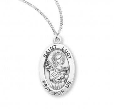 St. Lucy Oval Sterling Silver Medal On 18 in Rhodium Chain