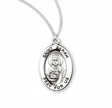 St. Sarah Oval Medal In Sterling Silver On 18 in Rhodium chain