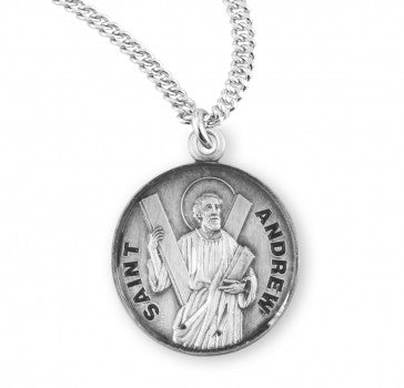 St. Andrew Sterling Silver Round Medal on Rhodium Chain