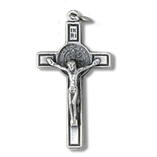 Silver Tone St. Benedict Crucifix Medal with Black Inlay