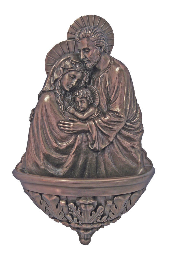 Holy Family Holy Water Font in lightly hand-painted cold cast bronze, Veronese Collection - 9" Statue