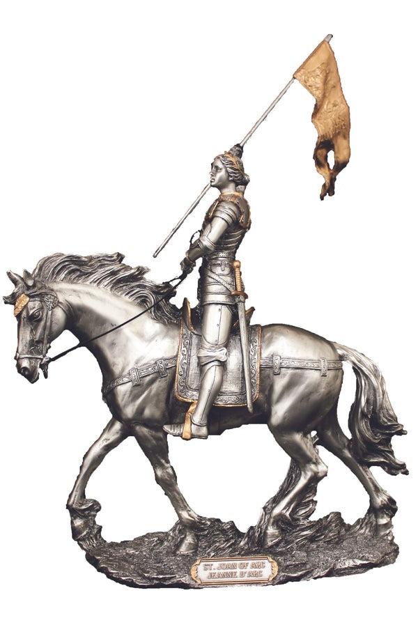 St. Joan of Arc in pewter style finish with gold highlights, Veronese Collection, 10x11" Statue