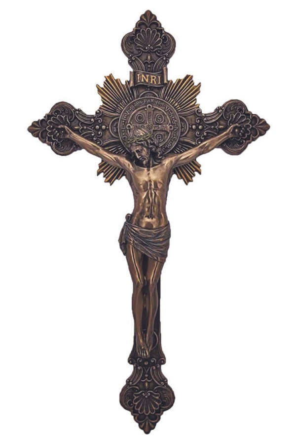 St. Benedict Crucifix, lightly hand-painted cold cast bronze - 14"