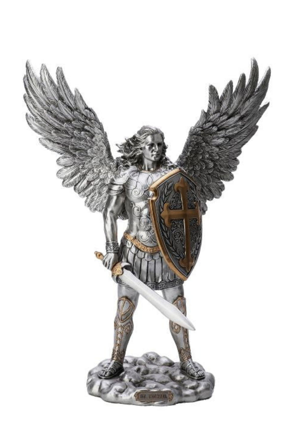 St. Michael Statue in  Lightly Hand-Painted Cold Cast Bronze or Pewter Style