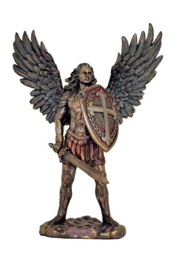 St. Michael Statue in  Lightly Hand-Painted Cold Cast Bronze or Pewter Style