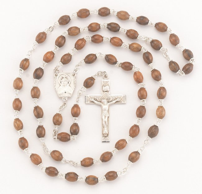 Genuine Walnut Oval Bead Rosary with Sterling Silver Crucifix and Center