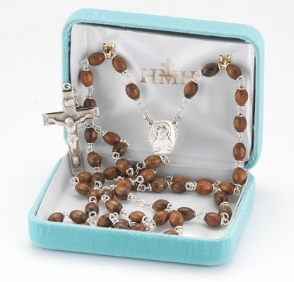 Genuine Walnut Oval Bead Rosary with Sterling Silver Crucifix and Center