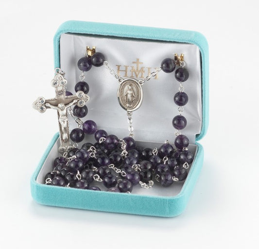 8mm Round Amethyst Bead Rosary with Sterling Silver Crucifix and Center