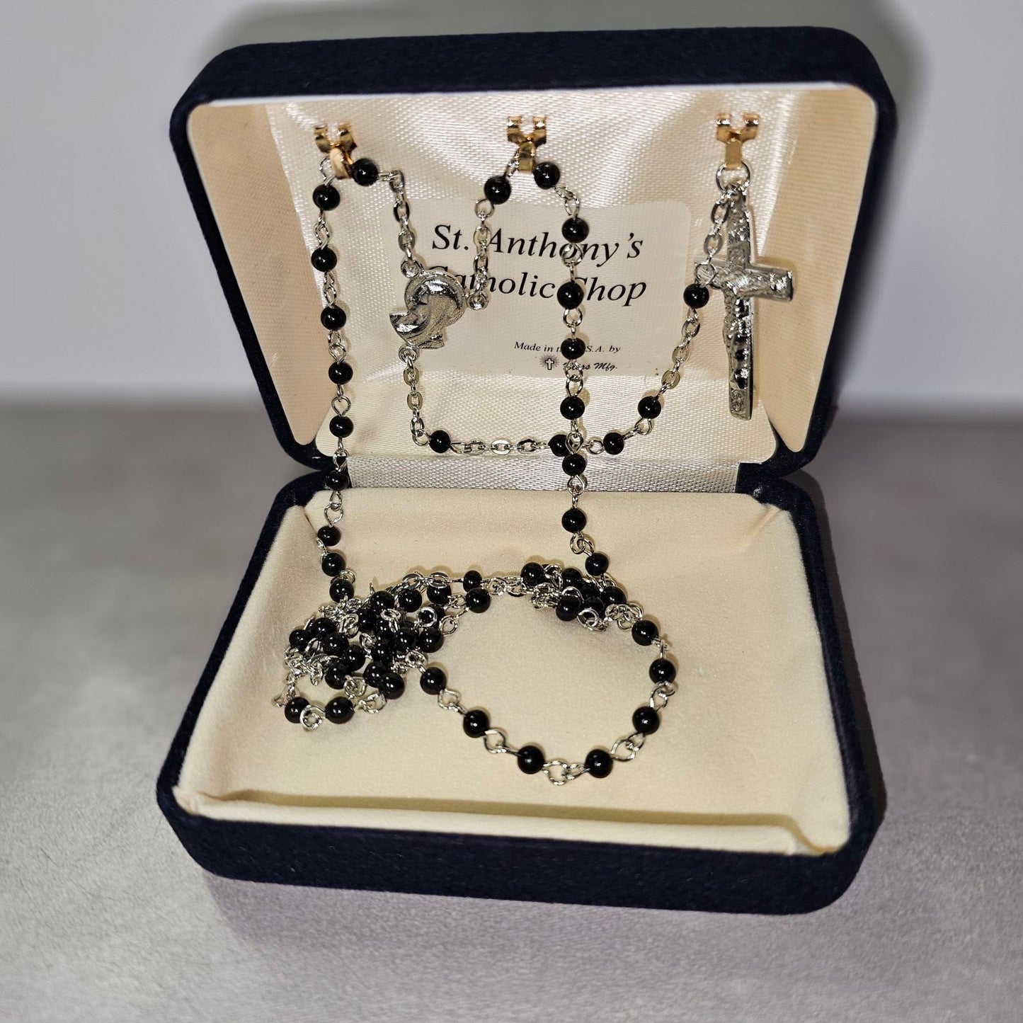 4MM Black Rosary, Silver Plated