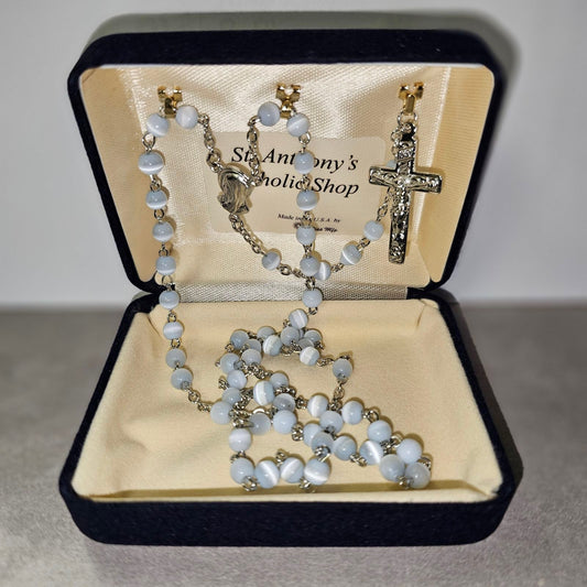 4MM Light Blue Bead Rosary, Silver Plated