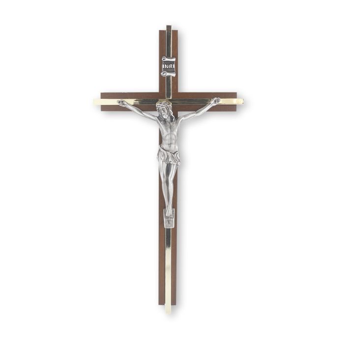 10" Walnut Crucifix with Gold Inlay and Antique Silver Finish Corpus