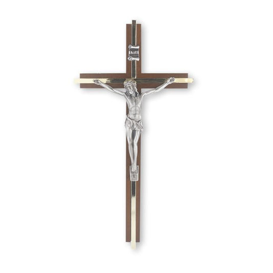 10" Walnut Crucifix with Gold Inlay and Antique Silver Finish Corpus