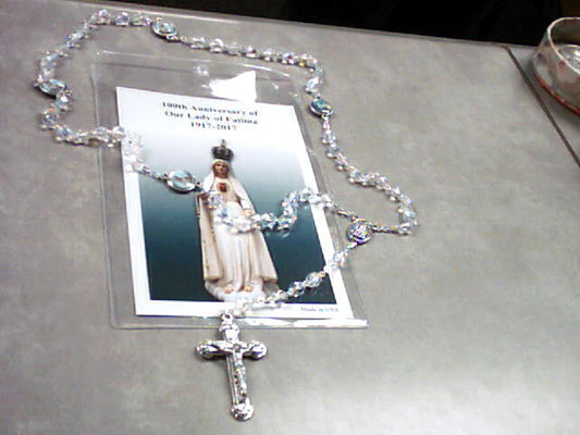 Crystal Our Lady of Fatima Photo Rosary with relic center and prayer card