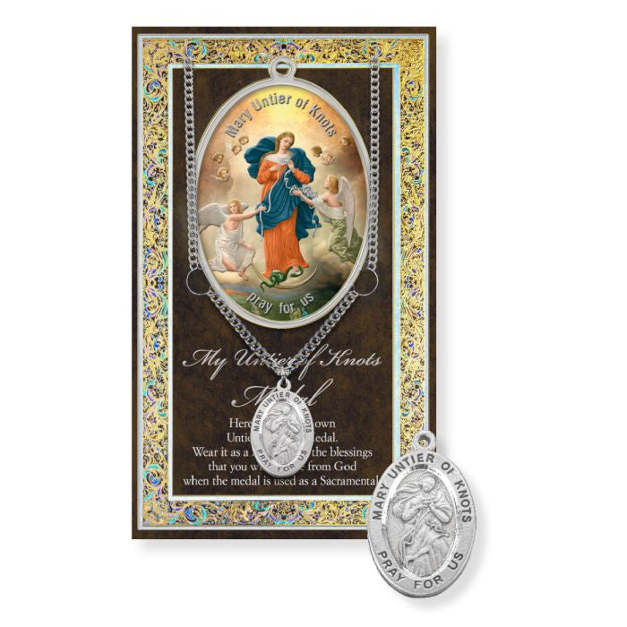 Our Lady Untier of Knots Pewter Medal with Chain and Holy Card