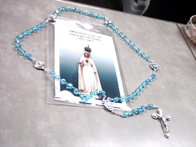 Blue Our Lady of Fatima Photo Rosary with relic center and prayer card