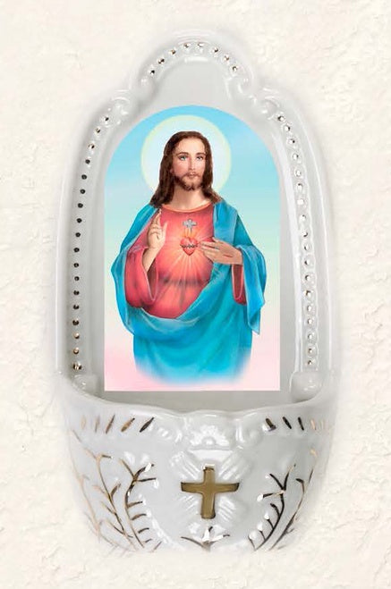 Sacred Heart of Jesus Holy Water Font in Porcelain