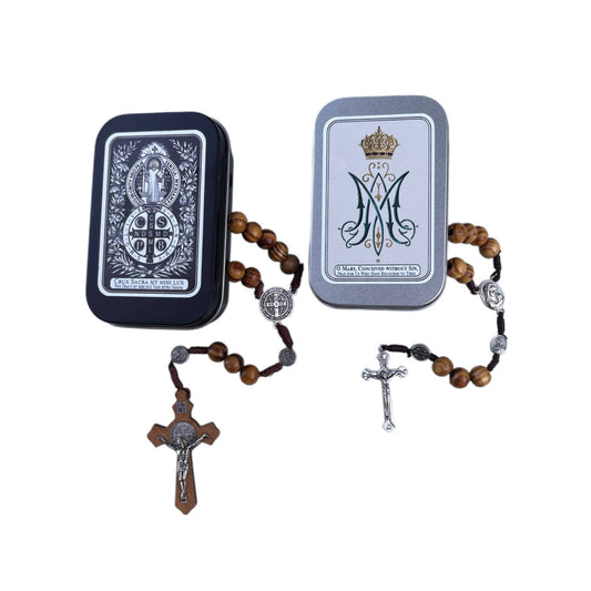 Wood Bead Rosary with Tin Prayer Case