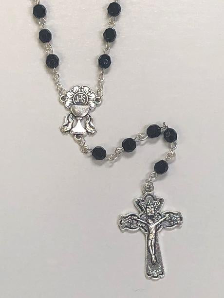 6mm First Communion Black Glass Rosary With Silver Toned Chalice Center