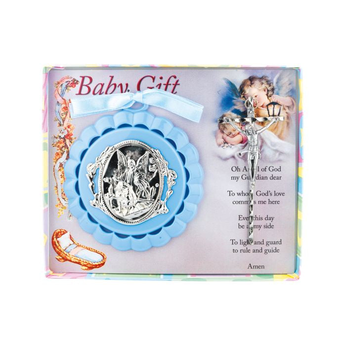 Crib Medal with Crucifix in Blue, Pink or White