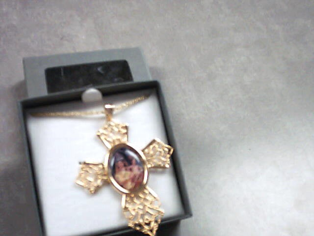 Our Lady of Prompt Succor photo cross necklace in gold color