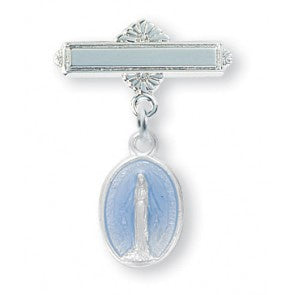 Bar pin in sterling silver with blue enamel Miraculous baby medal