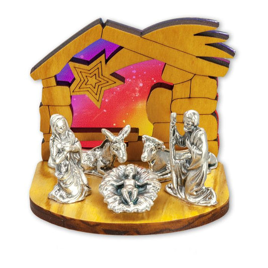 2" Wood Nativity with Metal Figurines and Colored Backdrop