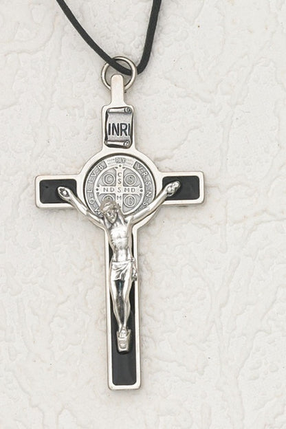 St. Benedict with Color Enamel Inlay, Crucifix - 3" Cross on Cord (Color Variants)