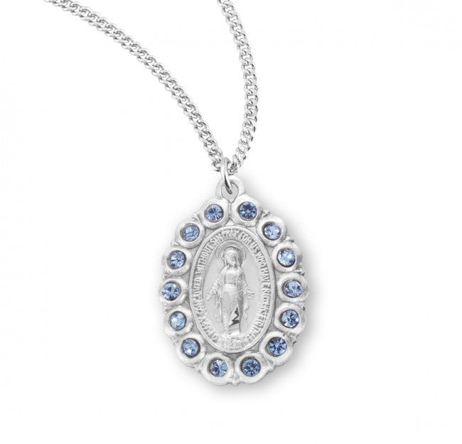 Miraculous Medal, Sterling Silver Oval with Sapphire Swarovski Crystals - S3177LS