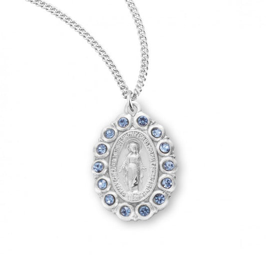 Miraculous Medal, Sterling Silver Oval with Sapphire Swarovski Crystals - S3177LS