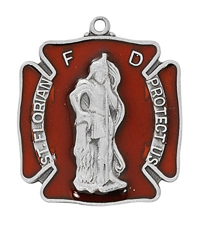 St. Florian Fire Department Cross Red Enamel Pewter Medal, 24" Chain