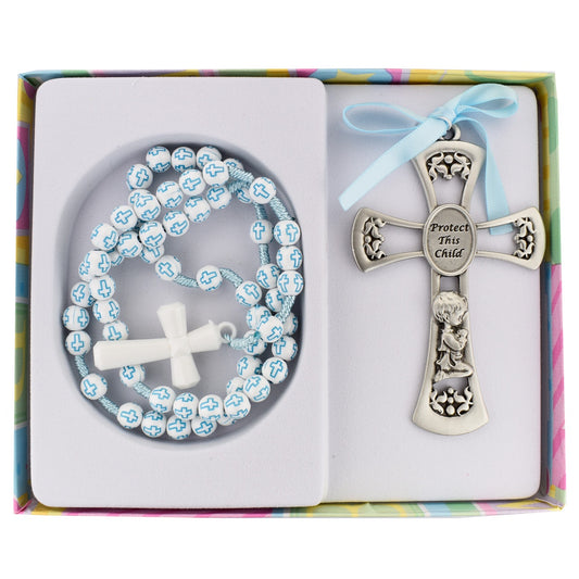 Baby Cross Crib Medal And Rosary Set ( Available In Pink Or Blue )