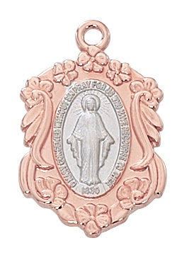 Miraculous Medal, 2 Tone Rose Gold and Sterling Silver, 18' Chain