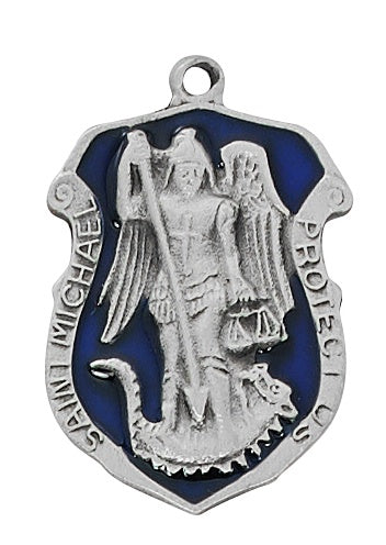 St. Michael Badge Blue Enamel Pewter Medal, 24" Chain
