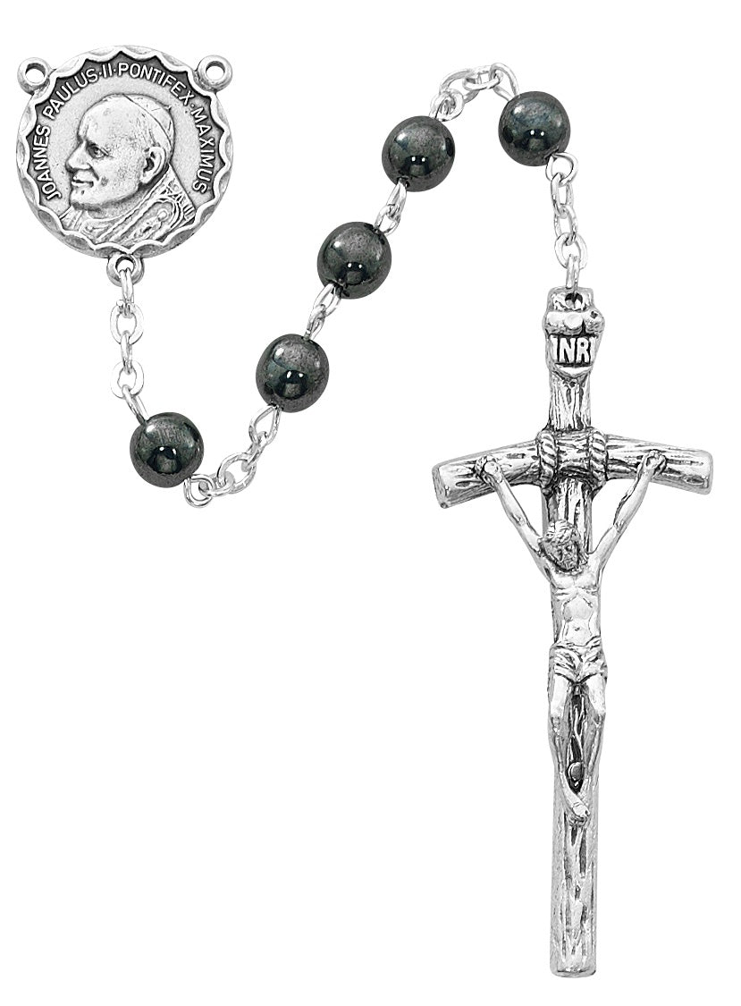 St. John Paul II Silver Tone Rosary, Hematite Beads