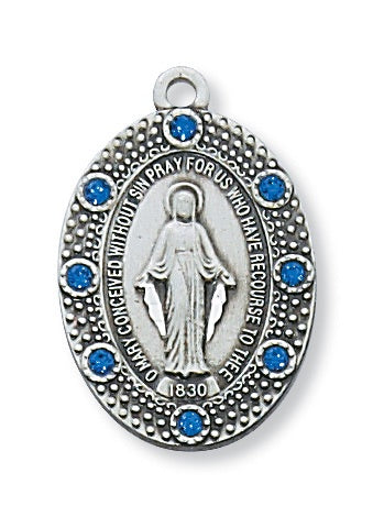 Miraculous Medal, Sterling Silver Medal with Blue Stones, 18" Chain - L581