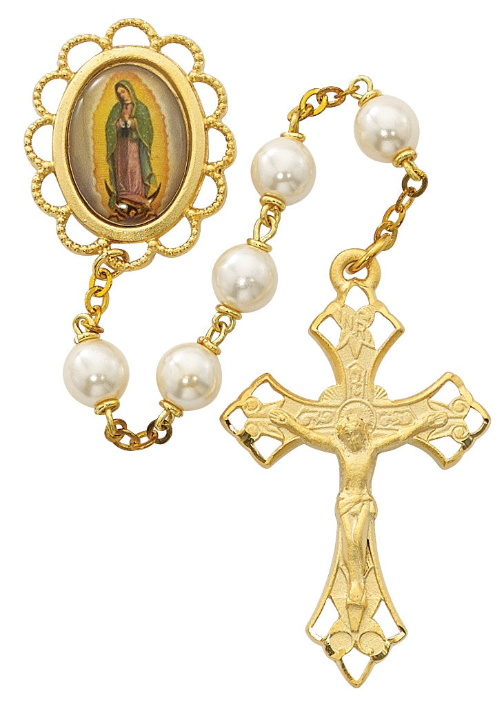 Our Lady of Guadalupe Gold Plated Rosary, Pearl Beads