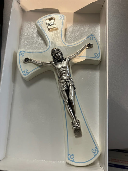 7" Crucifix in White Wood with Blue or Pink Design Outline